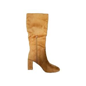 Cognac Brown Faux Suede Knee High Boots Block Heel Size 8.5M Side Zip